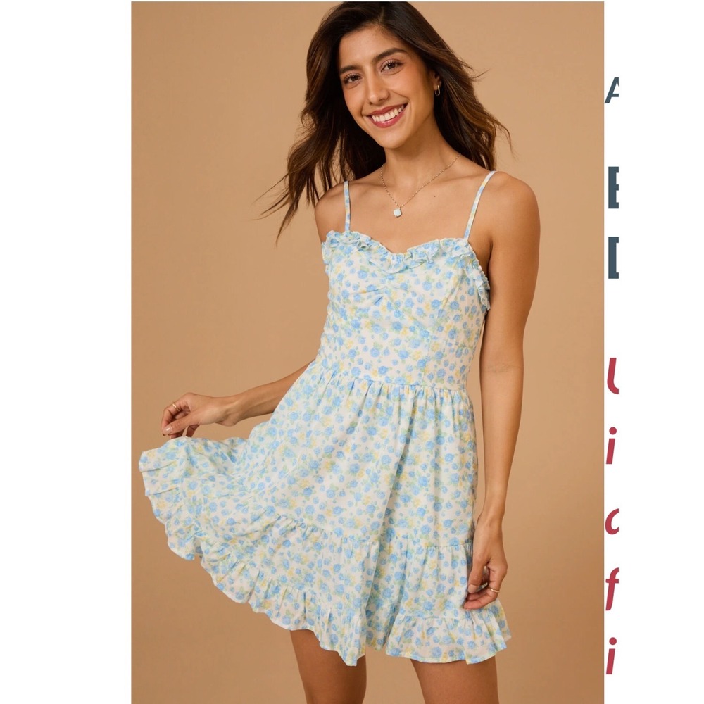 Altar'd State White Blue Eloise Floral Mini Dress Ruffle Hem Large Cottagecore